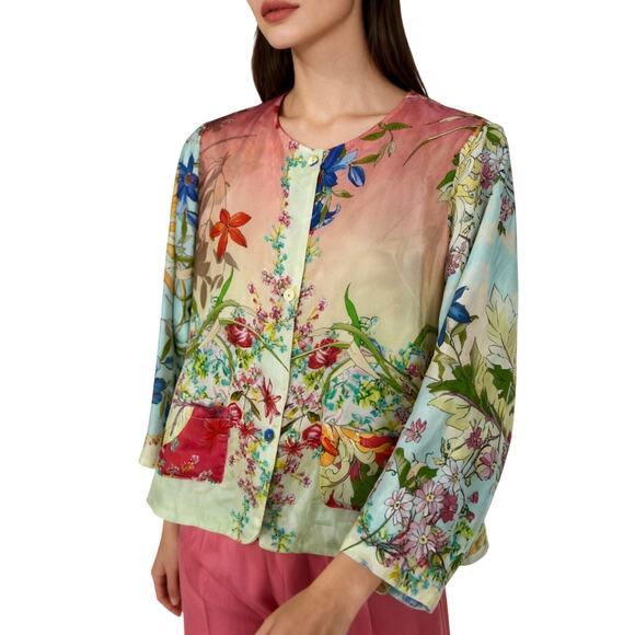 Johnny Was Silk Mizumi Floral Print Reversible Button up Top Multicolor XS - Picture 2 of 10